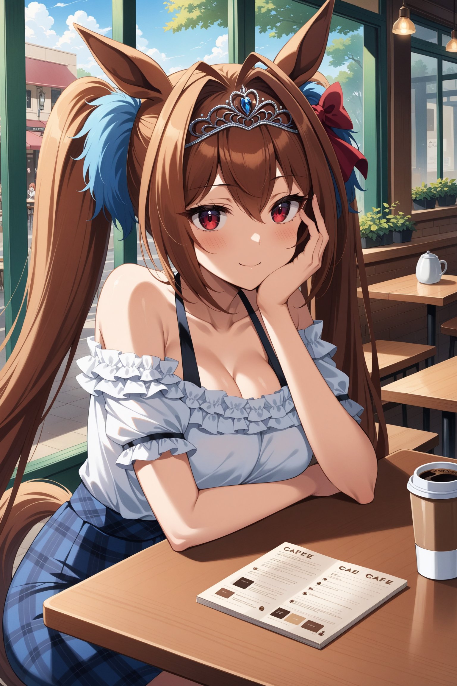 (masterpiece, best quality, very aesthetic, ultra detailed), intricate details, 4k, anime style, aadaiwa, long hair, twintails, hair bow, animal ears, tiara, horse tail, bare shoulders, off-shoulder, cleavage, white shirt, short sleeves, plaid skirt, blue skirt, <lora:daiwa_scalet_XL_v1:0.9>, sitting, cafe, table, coffee, jitome, hand on table, hand on own face, smile,