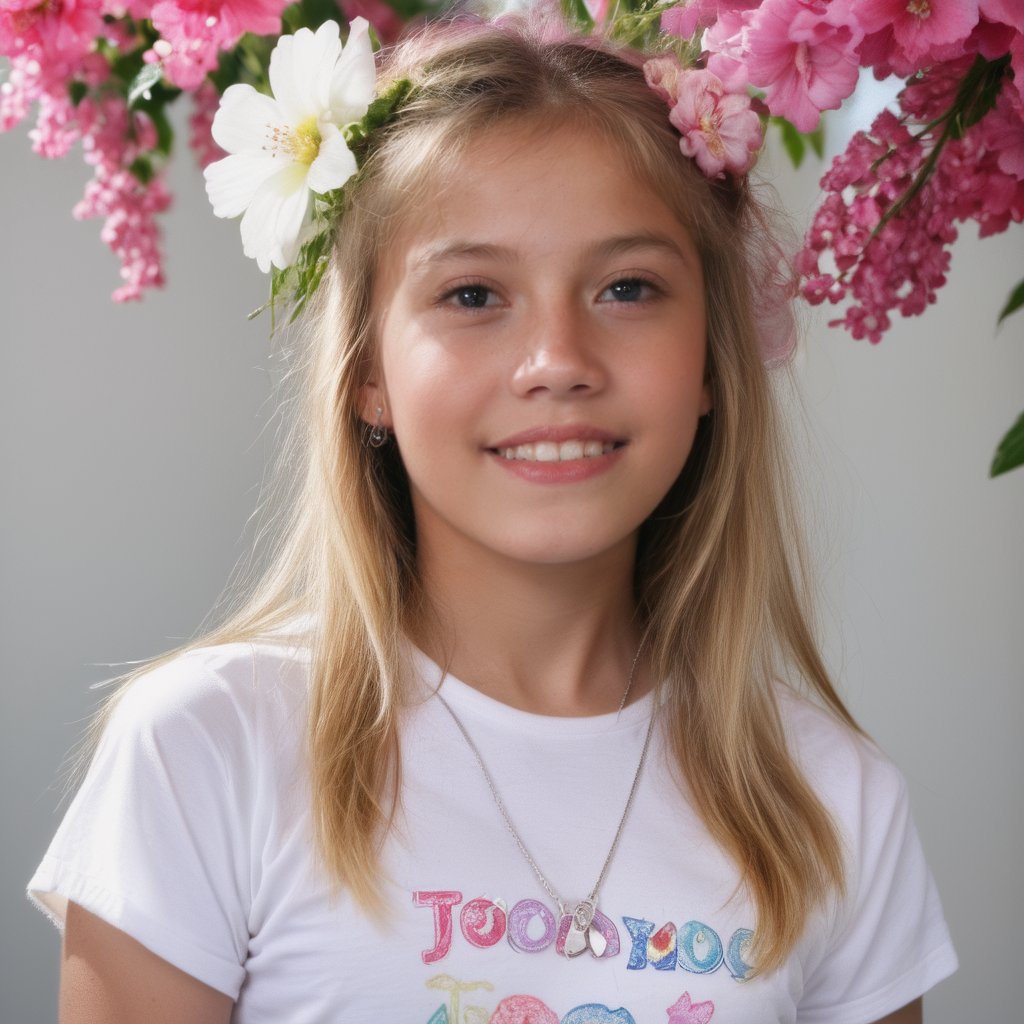 realistic, 25yo, woman,face, flowers in hair, t shirt,1girl,blonde hair,, cute,beautiful face<lora:EMS-428661-EMS:1.000000>