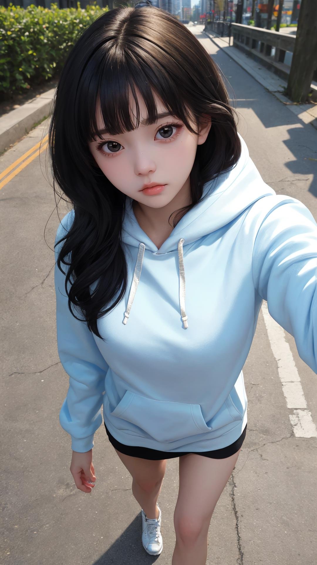 (masterpiece:1.2), (best quality:1.2), (absurdres:1.2), (looking at viewer), (shiny skin:1.4),selfie with top view, lady,bare legs, long hair, natural wavy, fringe, side bang,outdoors, day, city,hoodie,long sleeves, black hair, black eyes,sad face, medium breasts, ribbon, walking,