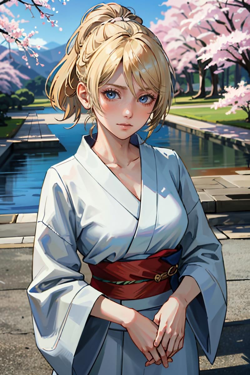 ((ultra detailed, masterpiece, absurdres)) <lora:FFLuna:0.8>FFLuna, 1girl, blonde hair, looking at viewer, in a traditional kimono, surrounded by cherry blossoms