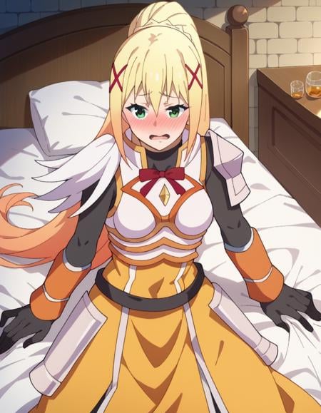 score_9, score_8_up, score_7_up, source_anime,lalatinadustinessford, <lora:lalatina-dustiness-ford-s2-ponyxl-lora-nochekaiser:1>,darkness \(konosuba\), long hair, green eyes, blonde hair, hair ornament, ponytail, braid, x hair ornament,gloves, armor, bodysuit, shoulder armor, armored dress,indoors, bed, bed room, on side, blush, drunk,looking at viewer, dutch angle, cowboy shot,