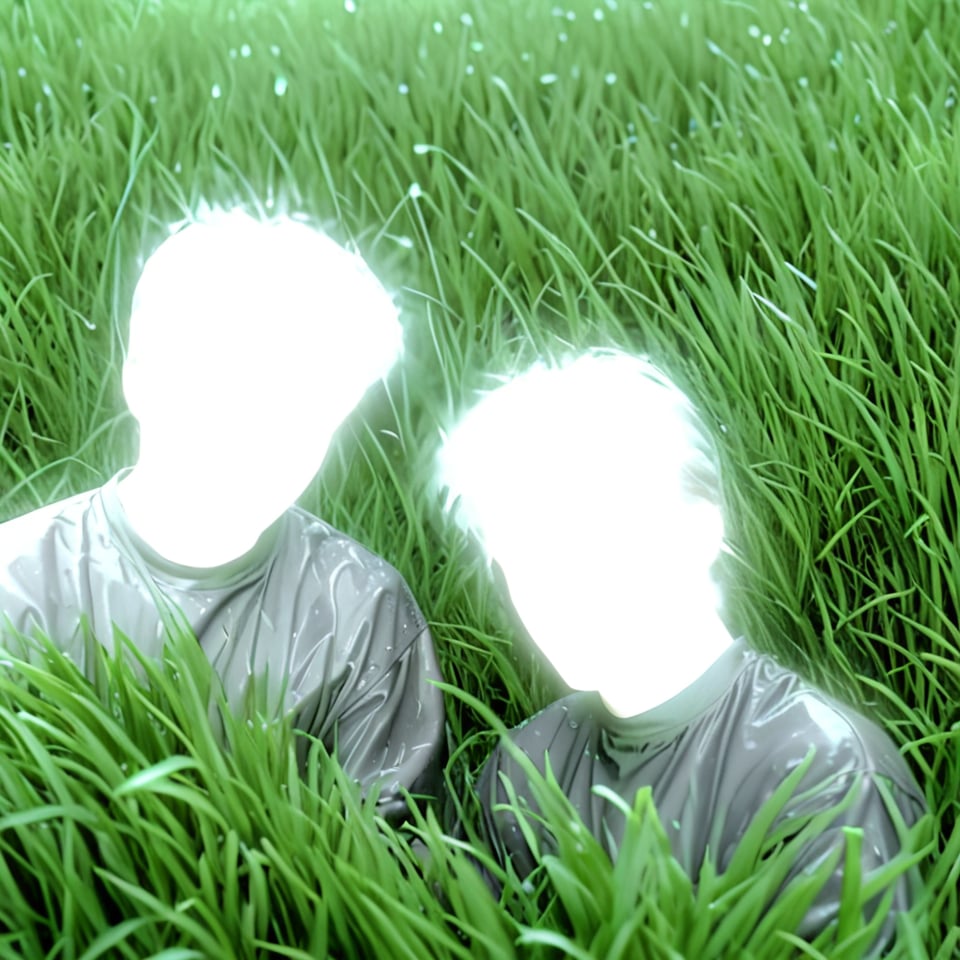 lghtshft_lora, glowing, 2male friends, close up, in a quiet grass field, raining, liminal, VHS, <lora:lightshift_lora:1.2>