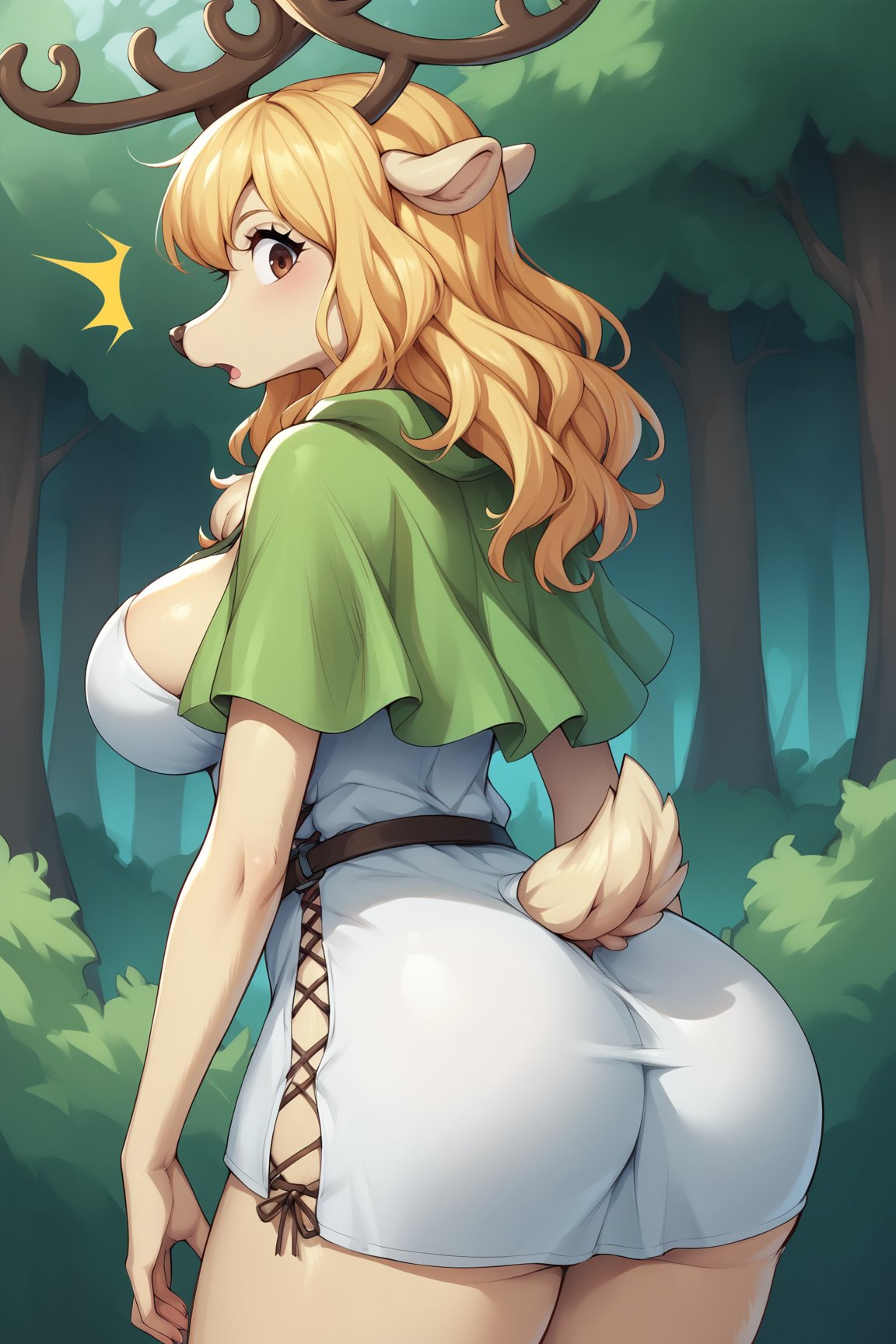 score_9, score_8_up, score_7_up, score_6_up, score_5_up, score_4_up, BREAK, MilkyOPXL, anthro furry, furry female, blonde fur, snout, brown eyes, blonde hair, long hair, bangs, deer ears, antlers, large breasts, green capelet, cleavage, white dress, solo, standing, from behind, ass focus, big ass, ass, surprised, looking at viewer, forest, tree <lora:MilkyOPXL:0.8>