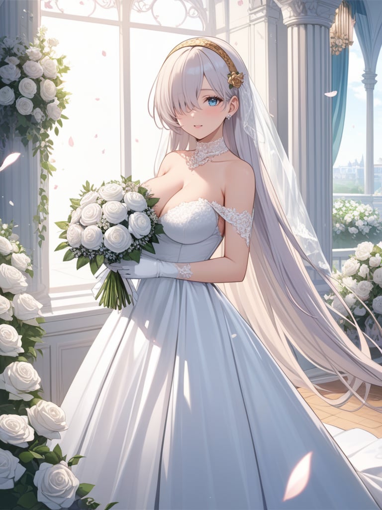 (best quality), ((masterpiece)), (highres), illustration, original, extremely detailed, 1girl, dress, solo, long hair, breasts, gloves, bouquet, flower, white gloves, cleavage, hair over one eye, anastasia \(fate\), holding, very long hair, white dress, holding bouquet, white hair, rose, wedding dress, hair ornament, white flower, hairband, choker, petals, blue eyes, bare shoulders, white rose, large breasts, long dress