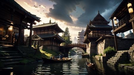 (masterpiece:1.2), best quality, masterpiece, highres, original, extremely detailed wallpaper, perfect lighting, CG,realism,oil painting,unreal engine,concept art,scenery, architecture, river, city,street, 