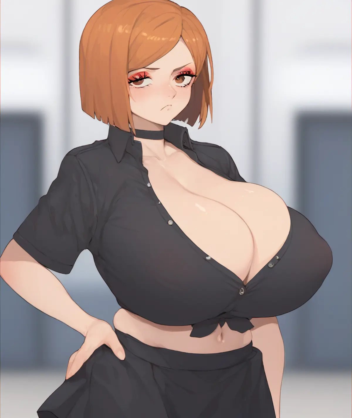 score_9,score_8_up,score_7_up, <lora:lumpypaca-000013:1> lumpypaca, 5_fingers,1girl, breasts, shirt, solo, black shirt, hand on hip, blurry background, choker,  huge breasts, blurry, cleavage, short hair, short sleeves, one eye covered, bangs, looking at viewer, black choker, partially unbuttoned, collared shirt, (makeup:1.2), uniform, skirt, bob cut, employee uniform, necktie, large breasts, nipple through clothes, pout, kugisaki nobara,  jujutsu tech uniform, navel, breasts, skirt, short hair, orange hair, jacket, pantyhose, black jacket,  <lora:nobara-kugisaki-ponyxl-lora-nochekaiser:1>, 