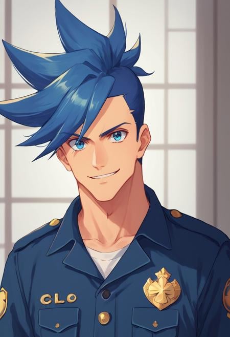 score_9, score_8_up, score_7_up, source_anime, highly detailed, galo,  1boy, spiked hair male focus, police uniform, blue hair, police, blue eyes uniform, smile, solo, looking at viewer, shirt, upper body,indoor,