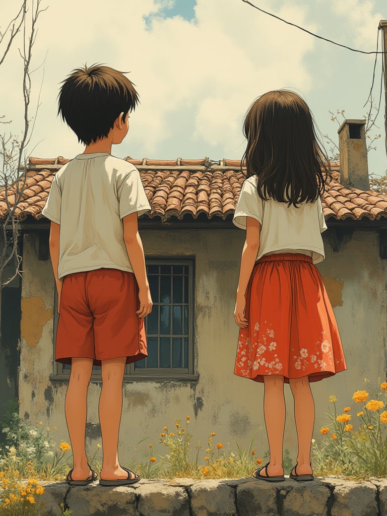 OBfencai,This is a digital painting depicting two young children, a boy and a girl, standing on a stone ledge, gazing up at a small, rustic house. The boy, on the left, has short, dark hair and is wearing a white t-shirt and a red skirt with a floral pattern. The girl, on the right, has medium-length brown hair and is dressed in a similar outfit: a white t-shirt and a red skirt. Both children's expressions are curious and attentive, their backs to the viewer.The house is an old, weathered structure with a terracotta-tiled roof. It has a single,