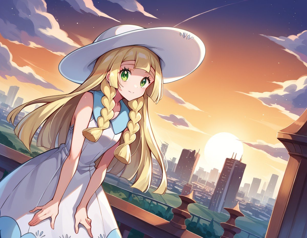 score_9, score_8_up, score_7_up, source_anime,pokemonlilie, <lora:pokemon-lilie-ponyxl-lora-nochekaiser:1>pokemonlilie, blonde hair, blunt bangs, green eyes, long hair,braid, collared dress, dress, hat, sleeveless, sleeveless dress, sun hat, sundress, twin braids, white dress, white headwear,outdoors, cityscape, bent over,looking at viewer, cowboy shot, dutch angle,