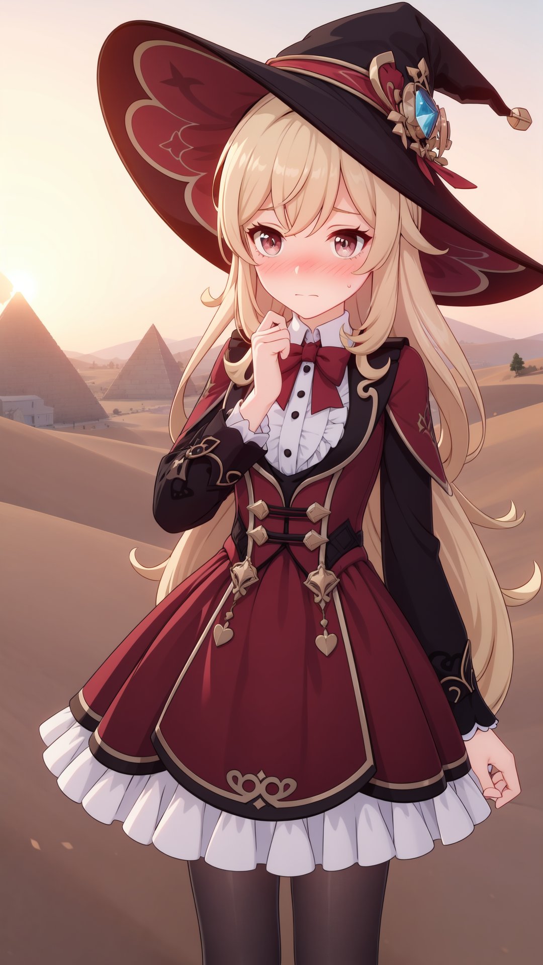 (Nose blush:1.3), (embarrassed:1.3), masterpiece, best quality, Blonde, red dress, witch hat, frills, stockings, cute, <lora:yutamix-extra-genshin:0.6>, yutamix-extra-genshin, Desert, pyramid, Supr small breast, Close up, Long skirt dress, (Circle skirt:1.2), (ruffles:1.0)