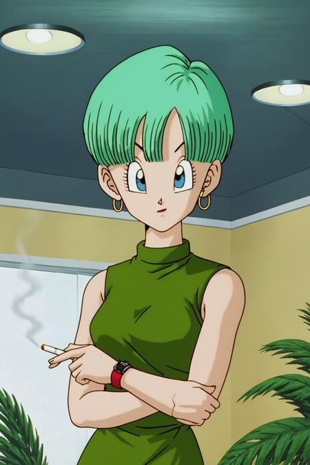 source_anime, score_9, score_8_up, score_7_up, anime screencap,buu saga, bulma, 1girl, solo, looking at viewer, bowl cut, very short hair, blue eyes, holding, jewelry, upper body, earrings, green hair, sleeveless, indoors, bracelet, smoke, watch, cigarette, hoop earrings, green dress, smoking, wristwatch, lighting cigarette, <lora:bulma_Z_pony_v1:0.8>