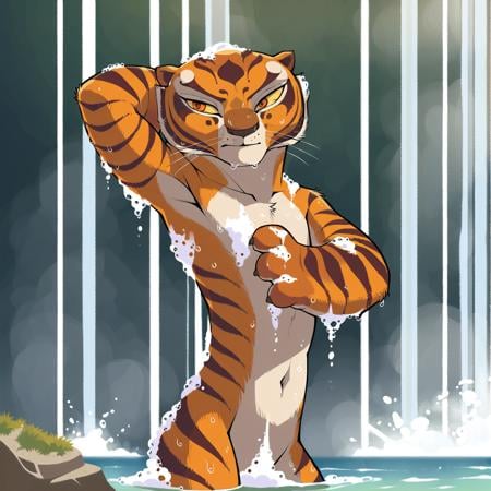 <lora:Master_Tigress:1>,rating_explicit,score_9,score_8_up,score_7_up,score_6_up,score_5_up,score_4_up,source_furry,master tigress from kung fu panda showering under a waterfall,kung fu panda style,wet,furry,tomboy,flat chested,solo,1girl,((soap bubbles covering crotch)),naked,detailed fur,bathing,soap,in water,detailed waterfall background,rock,cartoon,2d, yellow sclera