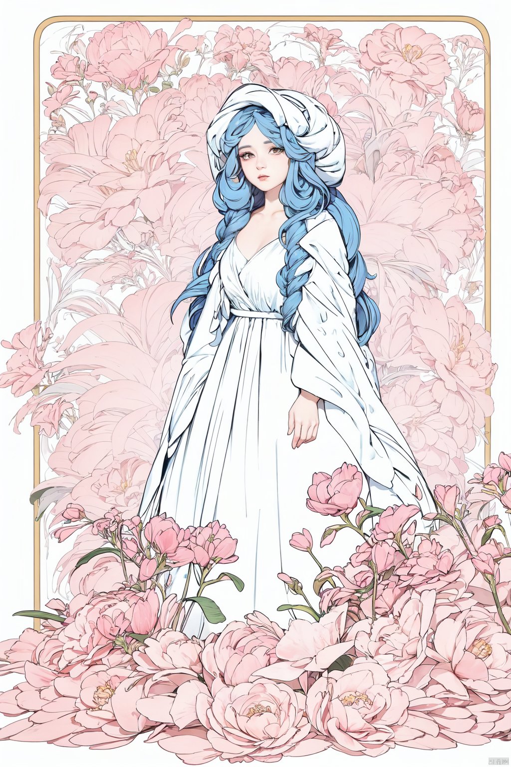 This is a picture of a woman standing in front of a huge,flowing flower background. Huge petals,she wore a long white dress with fine details and decorations. Her hair was combed into a low bun,giving her an elegant,dreamy look.yaomo<lora:EMS-378912-EMS:1.000000>