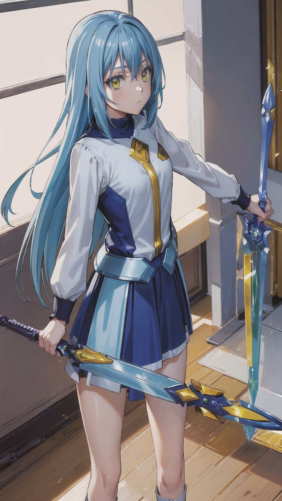 (masterpiece, best quality),ray tracing,absurdres, HDR, 1girl ,rimuru tempest, coleus, light blue hair,  yellow eyes,,long hair,breasts,skirt, long sleeves,wucaitianjing, weapon, sword, , holding holding weapon, fantasy,looking at viewer,<lora:rimuru coleus_v3:0.7> <lora:wucaitianjing_v2:0.8> 