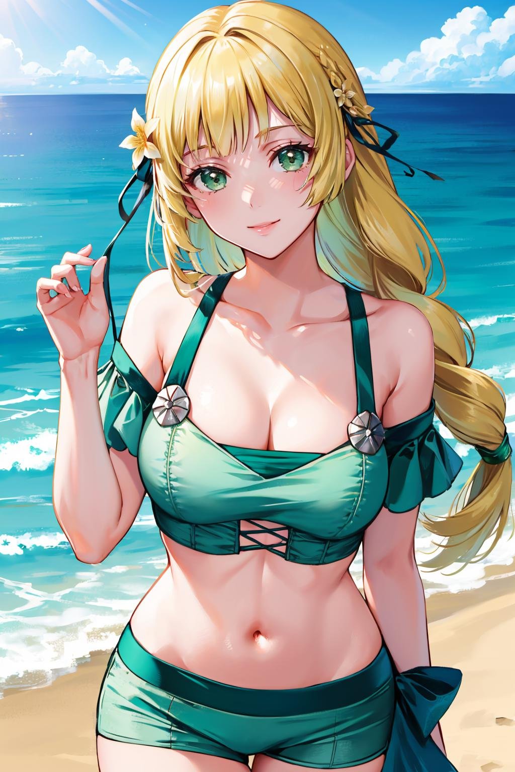 masterpiece, best quality,  <lora:ingrid-nvwls-v2-000009:0.9> sumingrid, bangs, hair flower, hair ornament, braided ponytail, cleavage, green bikini, off-shoulder, green shorts, green bow, large breasts, looking at viewer, smile, beach, ocean