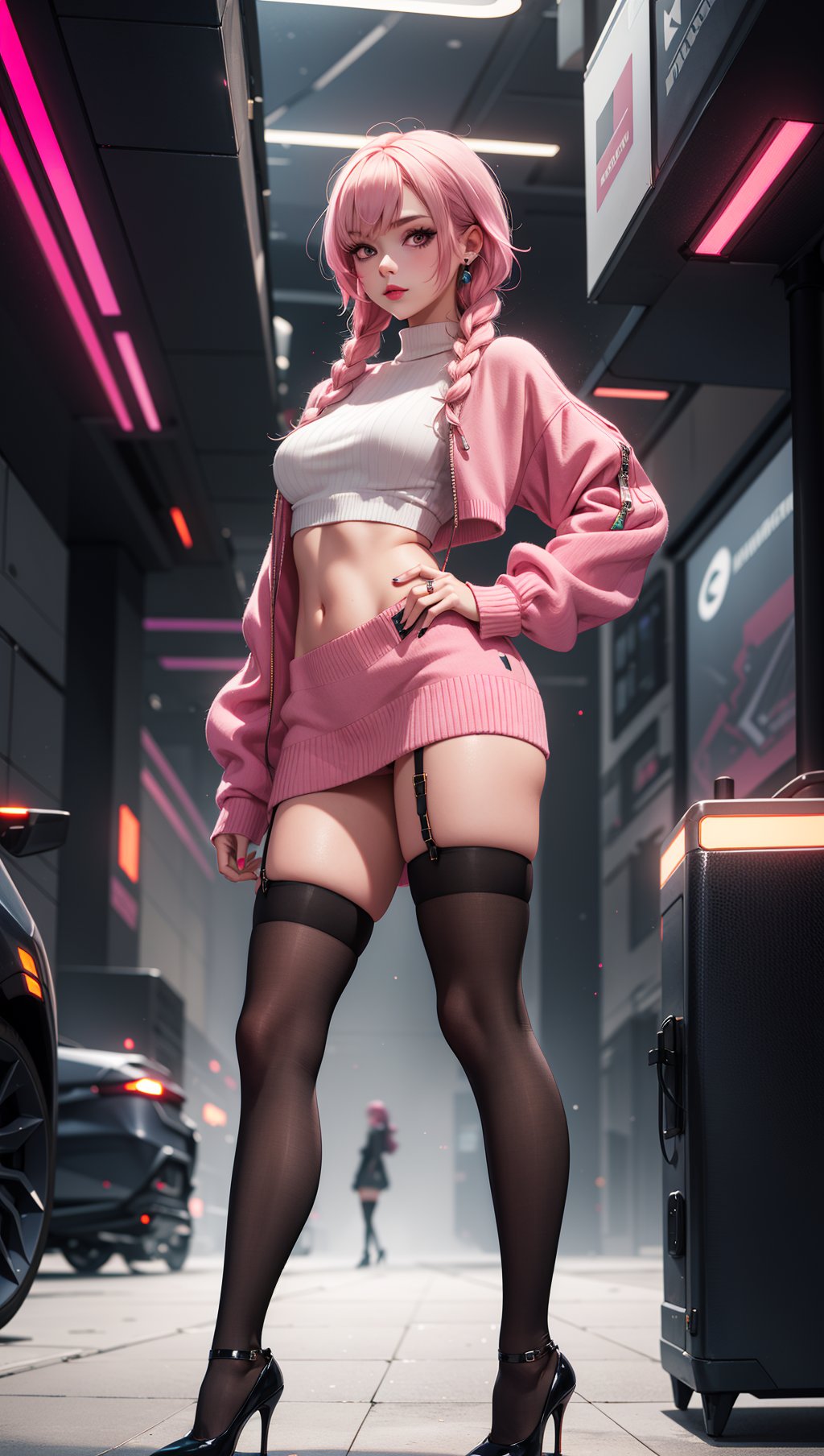 1girl,detailed skin,braided pink hair,small breasts,black thighhighs,oversized sweater,high heels,(sassy pose:0.8),cyberpunk,volumetric fog,