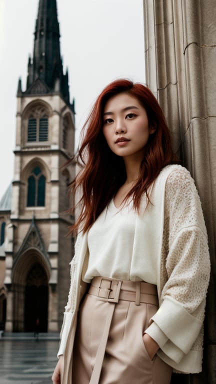 portrait of beautiful asian fashion model with pale red hair, ethereal dreamy foggy, photoshoot by Annie Leibovitz, editorial Fashion Magazine photoshoot, fashion poses, in front of gothic cathedral architecture. Kinfolk Magazine. Film Grain. a soft smile