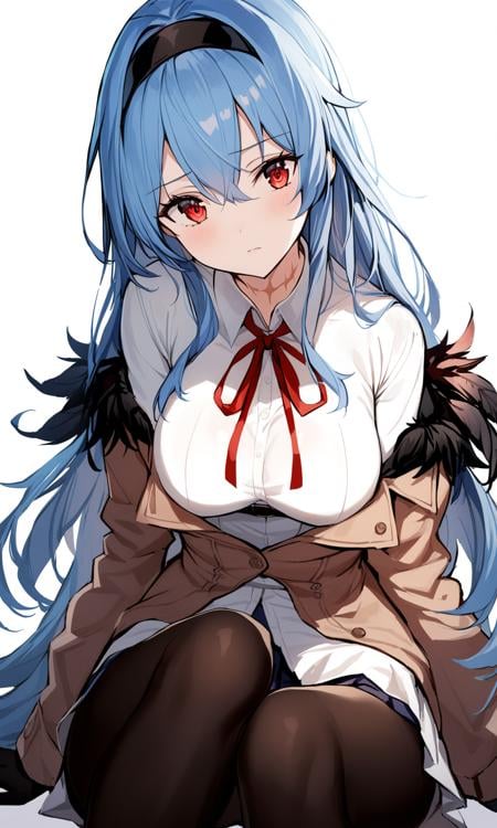 1girl, sensitive, solo, long hair, breasts, looking at viewer, simple background, shirt, skirt, long sleeves, white background, gloves, red eyes, ribbon, hair between eyes, closed mouth, sitting, blue hair, jacket, white shirt, pantyhose, hairband, black gloves, collared shirt, off shoulder, red ribbon, feet out of frame, neck ribbon, scar, black hairband, feathers, feather trim, scar on neck