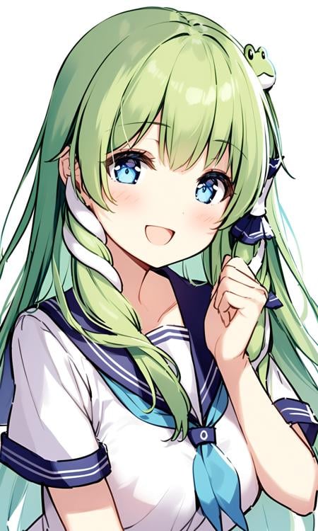 1girl, safe, kochiya sanae, solo, long hair, looking at viewer, blush, smile, open mouth, blue eyes, simple background, hair ornament, white background, school uniform, upper body, short sleeves, green hair, serafuku, hand up, sailor collar, neckerchief, hair tubes, frog hair ornament, snake hair ornament