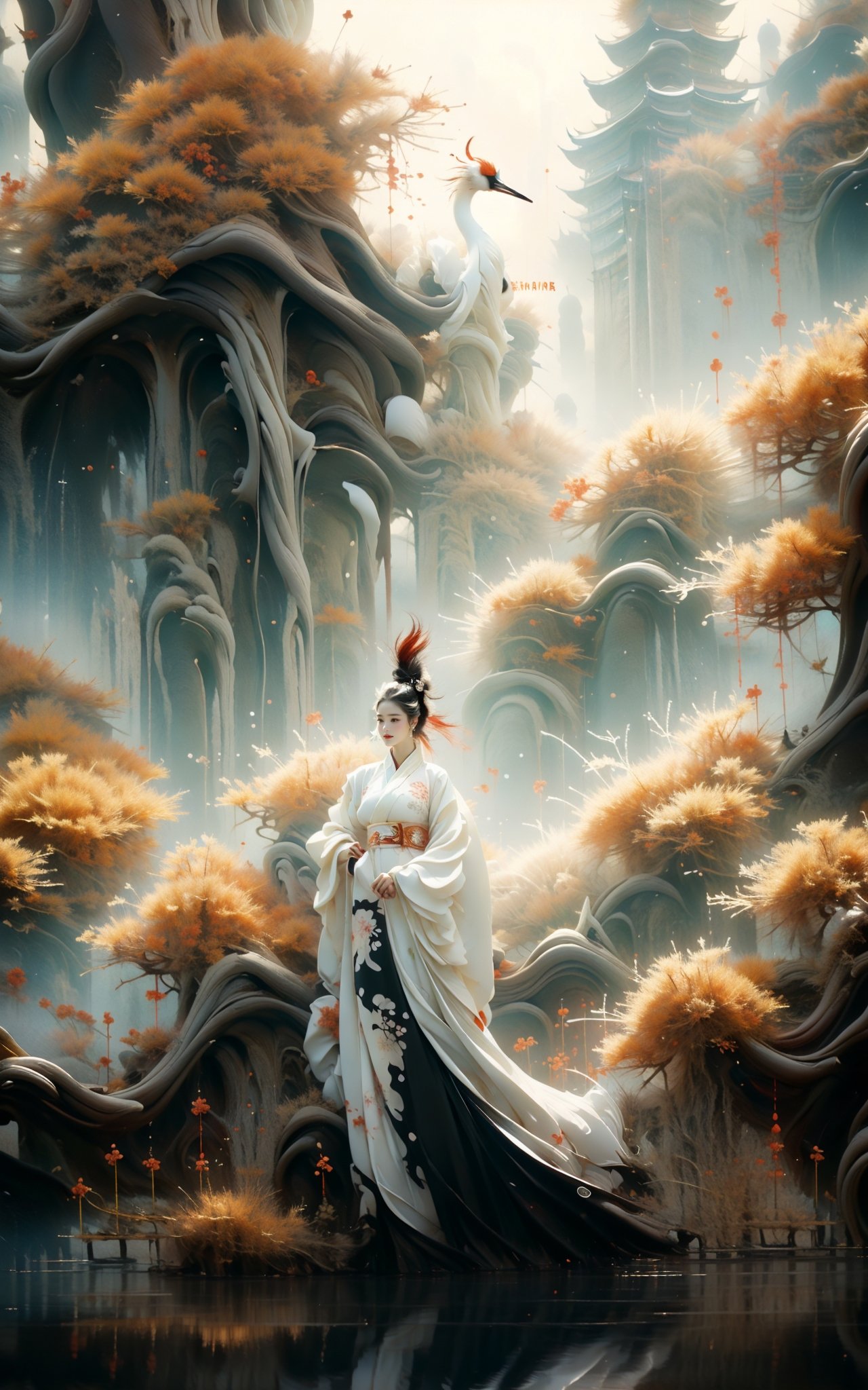 Ink painting, ink painting, splash-ink, ink splash, calligraphy, Chinese characters, Chinese character background，Red crowned crane，1girl，Hanfu,<lora:绪儿-鹤 Red crowned crane:0.8> <lora:super wide lens_20231008132837:0.8> <lora:pine_20230904213617:0.7>
