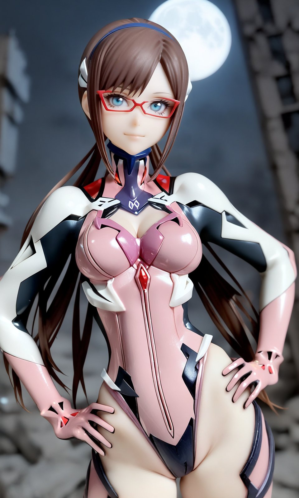 1girl, marishin, blue eyes, brown hair, medium breasts, cleavage, linea alba, hip bones, wide hips, (plugsuit:1.1), looking at viewer, light smile, upper body, straight-on, arms at sides, outdoors, ruins, night, moon, masterpiece, best quality, very aesthetic, absurdres, <lora:MariShinFlare_XL:1>