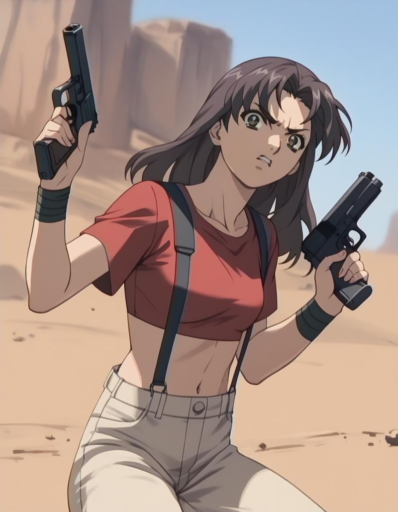 score_9, score_8_up, score_7_up, score_6_up, score_5_up, score_4_up, <lora:tomoko-ponyxl:0.9> 1girl, tomoko, (purple hair:0.5), crop top, red shirt, suspenders, handgun, trigger discipline, angry, desert