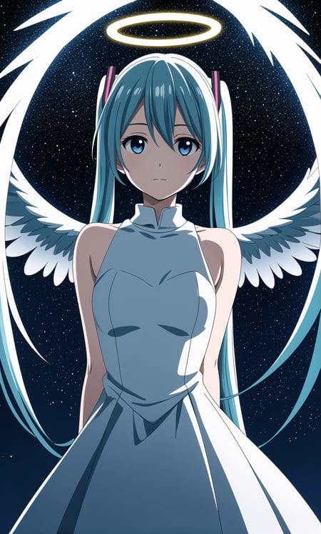 masterpiece, best quality, hatsune miku, white gown, angel, angel wings, golden halo, dark background, upper body, (closed mouth:1.2), looking at viewer, arms behind back, blue theme, stars, starry night