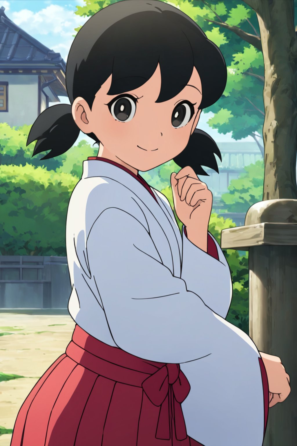 minamoto shizuka,1girl, solo, japanese clothes, black hair,miko, black eyes, smile, twintails, outdoors, hakama, cowboy shot, looking at viewer, skirt, short hair, day, short twintails, hakama skirt, tree, red hakama, long sleeves,masterpiece, perfect face, best quality, beautiful eyes, shiny eyes, anime coloring, anime screencap, absurdres, award winning,  <lora:minamoto shizuka anyt 905:0.8>