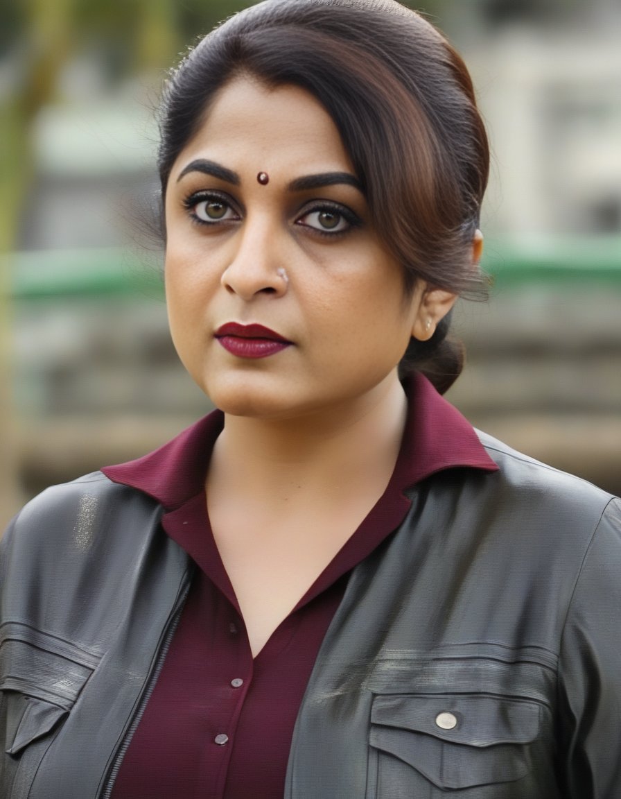 RamyaKrishnan,<lora:RamyaKrishnanSDXL:1>A detailed portrait of a woman with a neutral expression, facing the camera head-on. She has light brown wavy hair parted on the side and draped over her shoulders. Her makeup includes defined eyebrows, subtle eyeshadow, and bold red lipstick. She has green eyes and a scattering of freckles across her nose and cheeks. She's wearing what appears to be a red garment with a black denim jacket over it, the collar of the jacket is popped and outlined with black stitching.