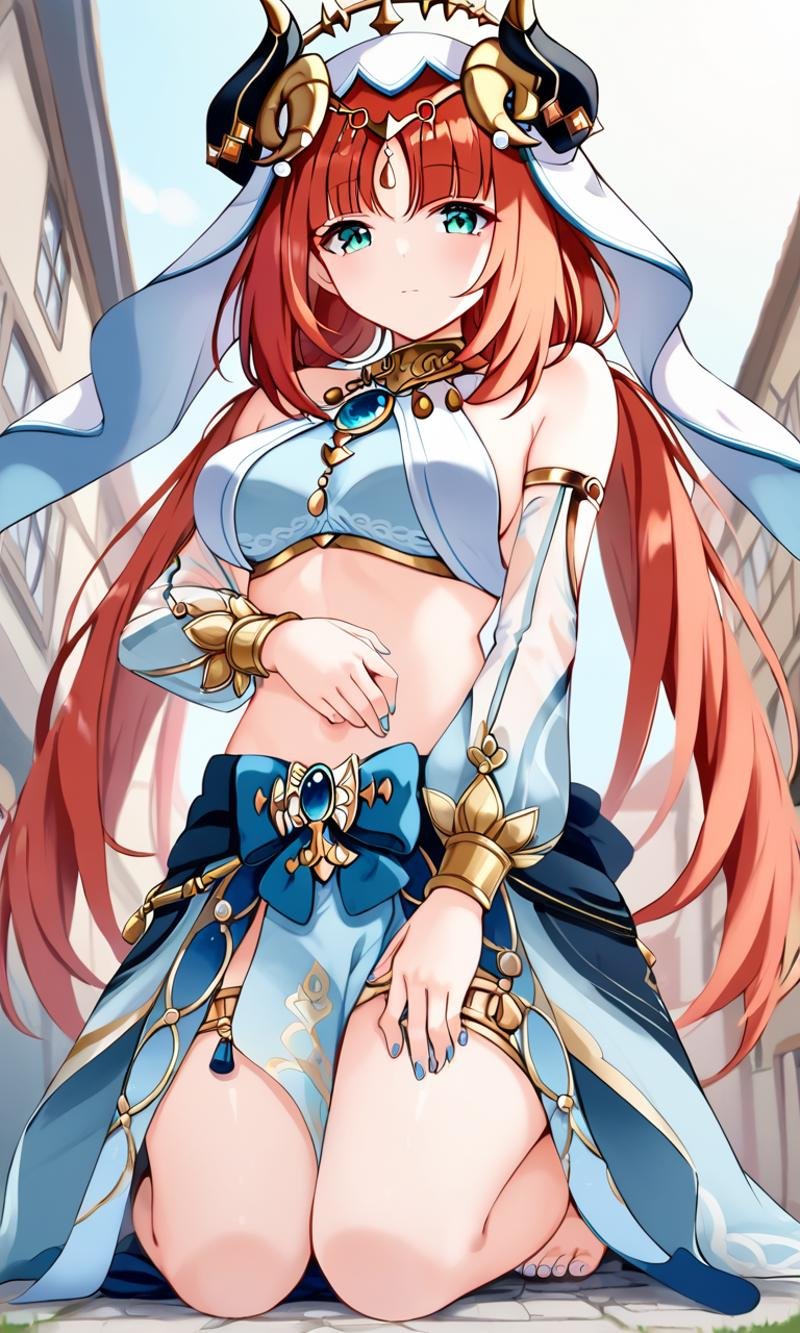 <lora:sdxl-gen-nilou-pony:0.8> gen-nilou, GenshinImpact, 1girl ,aqua eyes, eyeliner, orangered hair, shiny hair, horns, long hair, low twintails, parted bangs, sidelocks, medium breasts, blue nails, circlet, thighlet , neck ring +++ see-through veil, blue gemstone, white headwear, brooch, lightblue harem outfit, puffy long sleeves, bare shoulders, detached sleeves, gold trim, blue skirt+++ Rejoicing, +++ Kneeling, below, giantess, town, imminentslap, perspective, POV, looking to the side, upper body, cinematic lighting, Lone Tree on a Hill