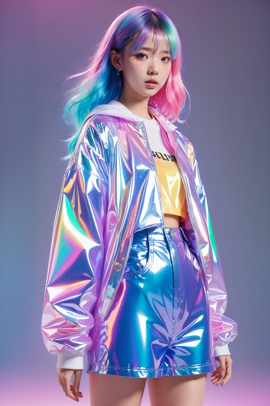 girl,transparent color PVC clothing,transparent color vinyl clothing,prismatic,holographic,chromatic aberration,fashion illustration,masterpiece,girl with harajuku fashion,looking at viewer,8k,ultra detailed,pixiv,solid background,colorful gradient hair,<lora:LEISHE_20240429220547:0.8>,