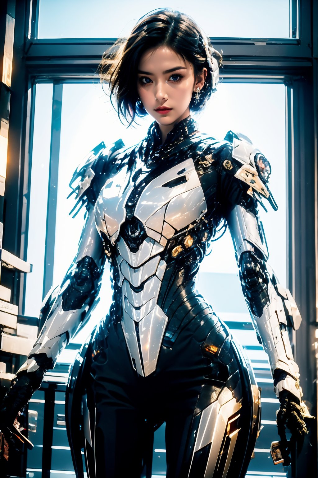 AgainCyberpunk, 1girl, solo, blue eyes, earrings, window, black hair, jewelry, looking at viewer, short hair, science fiction, lips, cowboy shot, breasts, armor, closed mouth, cyborg, standing, indoors, medium breasts, bodysuit, backlighting, cyberpunk, weapon, piercing, mechanical arms, realistic, android, holding, arms at sides