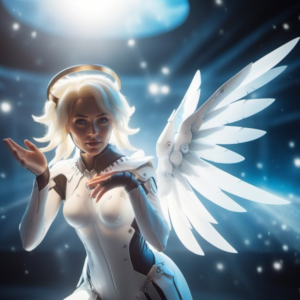 cinematic photo a realistic woman dressed in white with wings and an angel's halo , fantasy world <lora:Angel1024-000390:0.8> . 35mm photograph, film, bokeh, professional, 4k, highly detailed