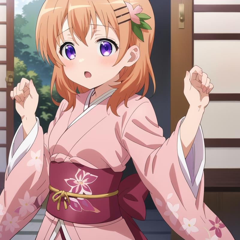 1girl, solo, hoto cocoa, bangs, blush, eyebrows visible through hair, hair between eyes, hair ornament, hairclip,long sleeves, looking at viewer, open mouth, pink vest, purple eyes,short hair,long sleeves, japanese clothes, wide sleeves, kimono, sash, obi, floral print, print kimono, pink kimono, <lora:cocoa_hoto:0.8>