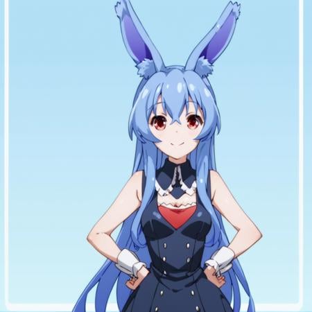 score_9, score_8_up, score_7_up, score_6_up, score_5_up, score_4_up, source_anime, , Kuro, blue hair, red eyes, long hair, rabbit girl, animal ear fluff, , soft smile, standing, hands on hips