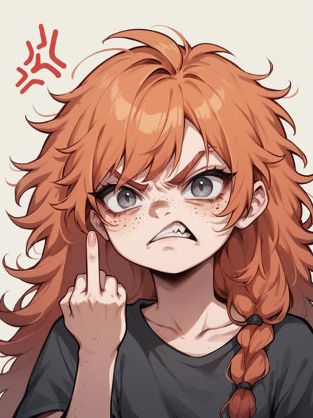 score_9, score_8_up, score_7_up, score_6_up, <lora:3m0t3XLP:1>3m0t3, ginger hair, middle finger, angry, grumpy, 1girl, freckles, grey eyes, long hair, Fr3ckles, <lora:Fr3ckledXLP:0.2> 