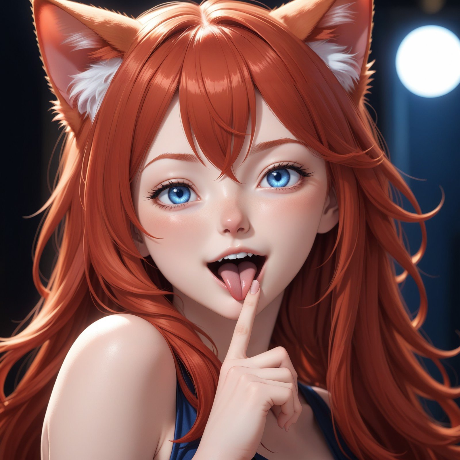 1 cute girl, 23yo,  vibrant red hair, shiny hair, long hair, (vibrant red cat ears), deep blue eyes,  (close up, face focus, head shot),  tongue out, tongue very far out, eyelid pull, finger to eyelid,(masterpiece:1.2), (best quality:1.2),  ultra-detailed, best shadow, detailed background, high contrast, (best illumination, an extremely delicate and beautiful), ((cinematic light)), intricate details, 8k, anime, very aesthetic,