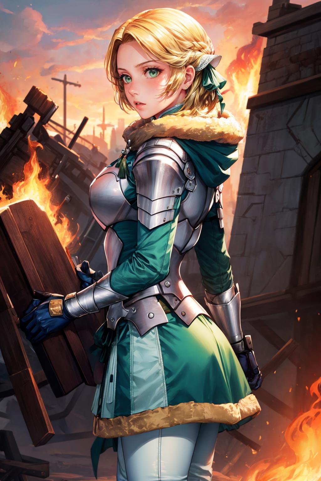 masterpiece, best quality,  <lora:ingrid-nvwls-v2-000009:0.9> waringrid, short hair, hair ribbons, shoulder armor, armor, breastplate, underbust, green coat, fur trim, vambraces, blue gloves, green skirt, white pants, green cape, fire, battlefield, shocked, staring, wasteland, from side