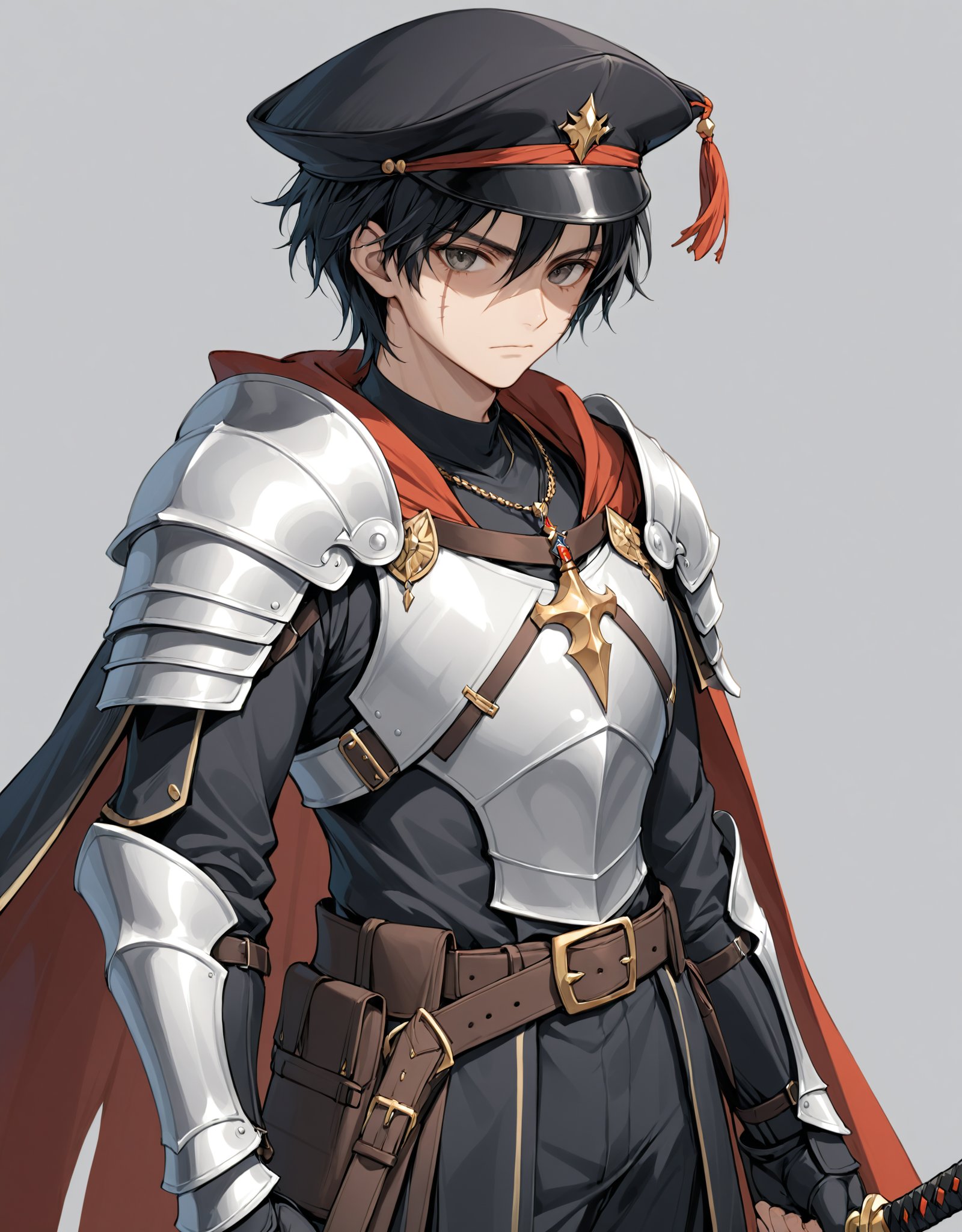 highres,best quality, 1boy, armor, belt, black belt, black hair, black headwear, brown eyes, cape, closed mouth, grey background, grey eyes, holding, holding sword, holding weapon, jewelry, long sleeves, looking at viewer, male focus, necklace, pauldrons, scar, scar on face, shoulder armor, simple background, solo, standing, sword, weapon