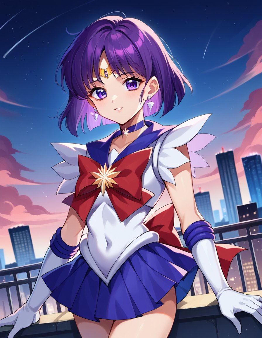 score_9, score_8_up, score_7_up, source_anime,sailorsaturn, <lora:sailor-saturn-ponyxl-lora-nochekaiser:1>sailor saturn, purple eyes, short hair, purple hair, circlet,brooch, choker, earrings, gloves, jewelry, magical girl, miniskirt, purple sailor collar, sailor collar, sailor senshi uniform, skirt, star choker, white gloves,outdoors, cityscape,looking at viewer, cowboy shot, dutch angle,