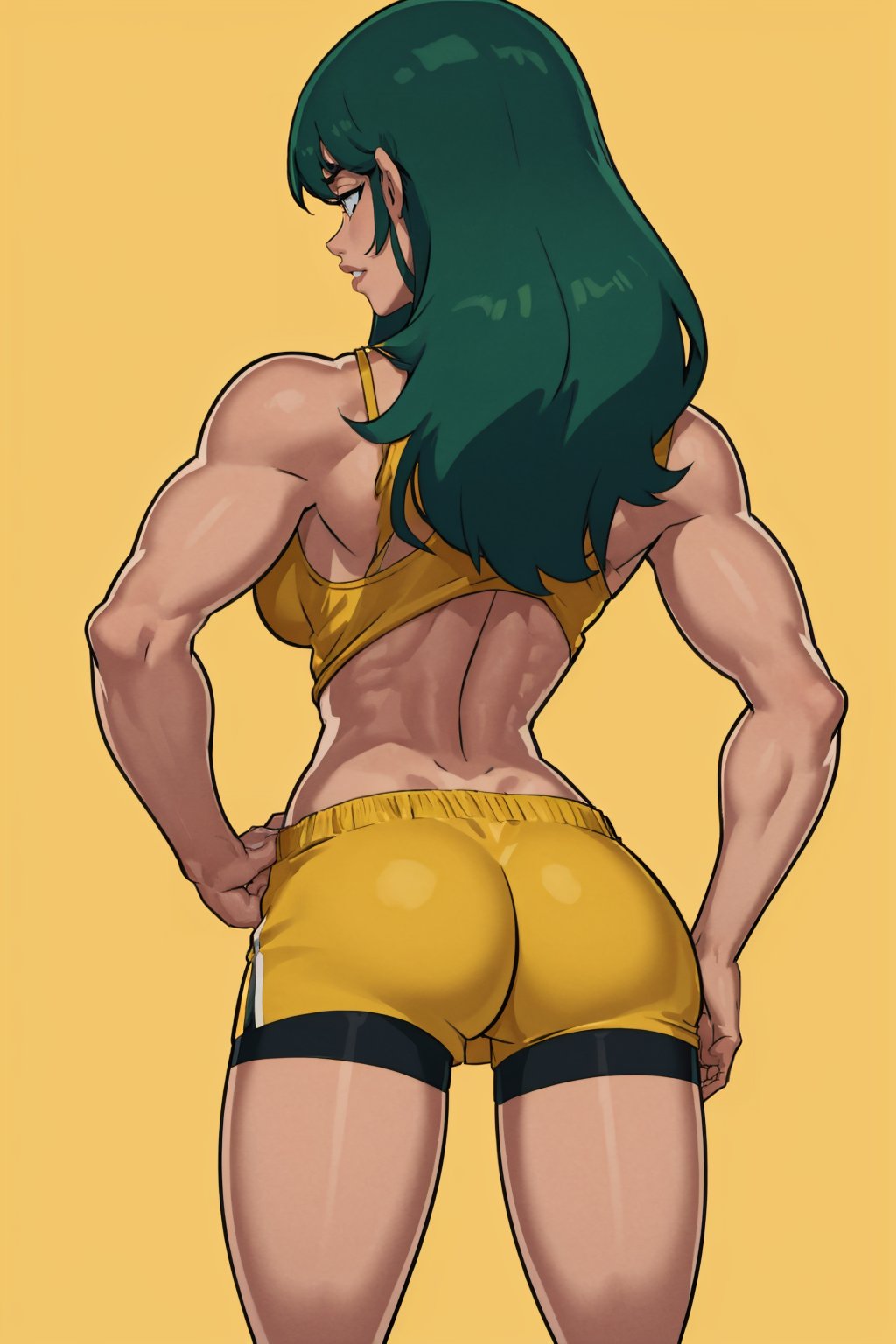 (masterpiece, best quality:1.2),   <lora:somethingunlimited:1>, somethingunlimited, 1girl, solo, muscular, muscular female, green hair, hands on hips, ass, bike shorts, from behind, simple background, back, standing, shorts, yellow background, black shorts, long hair