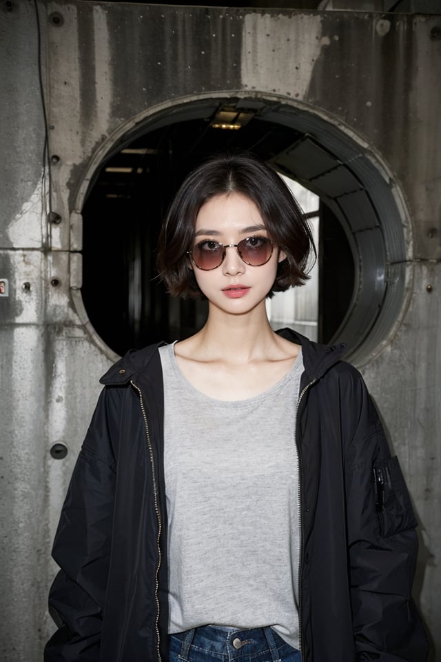 ((Upper body:1.5)) A girl stands in the center with short hair. She is located in a foggy underground tunnel and a dark room. Her clothes are cool,casual and British - (with a black windbreaker and sunglasses). With her hair partially falling around her face,her pose exudes a sense of freedom and joy,set against the dusty,dark and foggy industrial tunnels of the factory.,