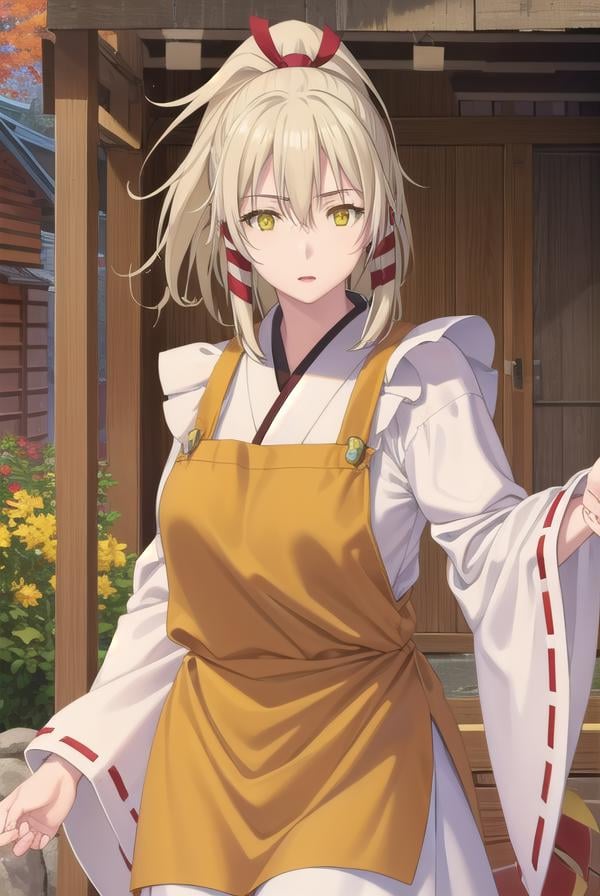 ukanomitamanokami, <lora:uka no mitama no kami s1-lora-nochekaiser:1>,uka no mitama no kami, long hair, blonde hair, hair ribbon, (yellow eyes:1.5), ponytail, tress ribbon,BREAK japanese clothes, miko, apron, (red apron:1.5),BREAK outdoors, shrine,BREAK looking at viewer, (cowboy shot:1.5),BREAK <lyco:GoodHands-beta2:1>, (masterpiece:1.2), best quality, high resolution, unity 8k wallpaper, (illustration:0.8), (beautiful detailed eyes:1.6), extremely detailed face, perfect lighting, extremely detailed CG, (perfect hands, perfect anatomy),