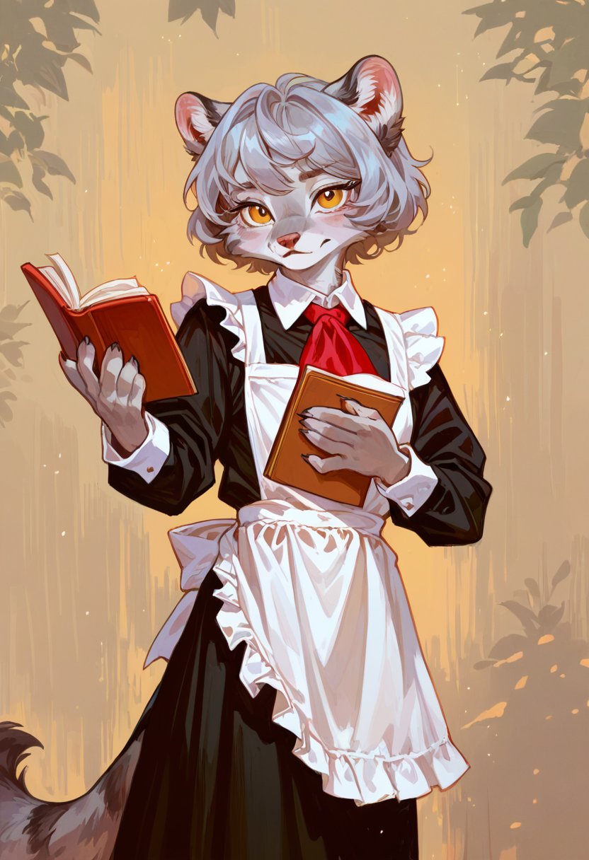 anthro manul girl,golden eyes,black dress,white apron,white cuffs,white collar,(grey hair:1.1)short hair,grey fur,paws,,red neckchief,looking at viewer, holding books<lora:Perfect Hands:1>    <lora:新的兔狲:1>  <lora:fkey_pony_v1:0.5> <lora:naip33:0.5>, score_9, score_8_up, score_7_up, score_6_up, score_5_up, score_4_up,zPDXL