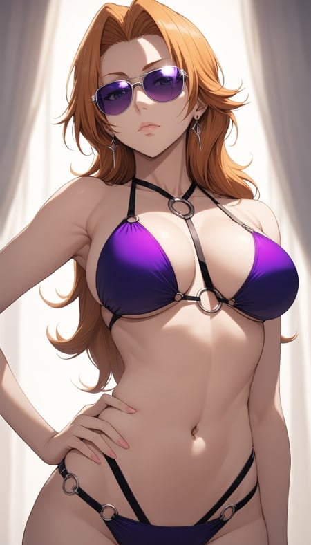 score_9, score_8_up, score_7_up, intricate details,1girl, matsumoto rangiku, bleach, bikini, large breasts, breasts apart, hand on own hip, navel, o-ring bikini, o-ring top, sunglasses, earrings, purple-tinted eyewear, expressionless,