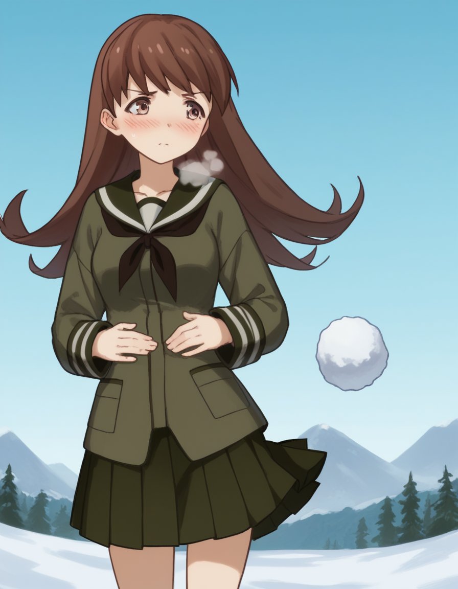 score_9, score_8_up, score_7_up, source_anime, <lora:kacolle-ooi-s1-ponyxl-lora-nochekaiser:1>, ooi, long hair, brown hair, brown eyes, ooi (kancolle), skirt, school uniform, pleated skirt, serafuku,, snow day, winter clothes, snowball fight, laughter, cold breath, white landscape, , , hands on stomach, blush,, solo,, cowboy shot, dutch angle