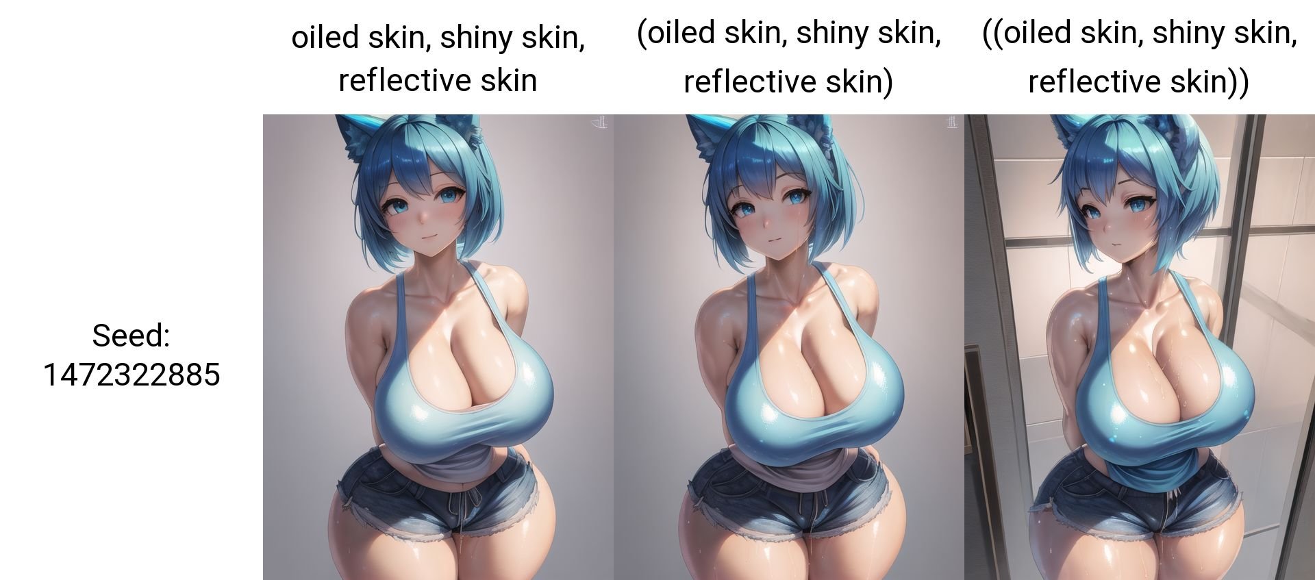 best quality, highest quality, masterpiece, high resolution,  clean picture, smooth picture, high details, symmetrical, simple background,1girl, blue hair, blue skin, curvy, big breasts, thick thighs, (tank top, shorts),oiled skin, shiny skin, reflective skin, <lora:oiled_skin-02:1>