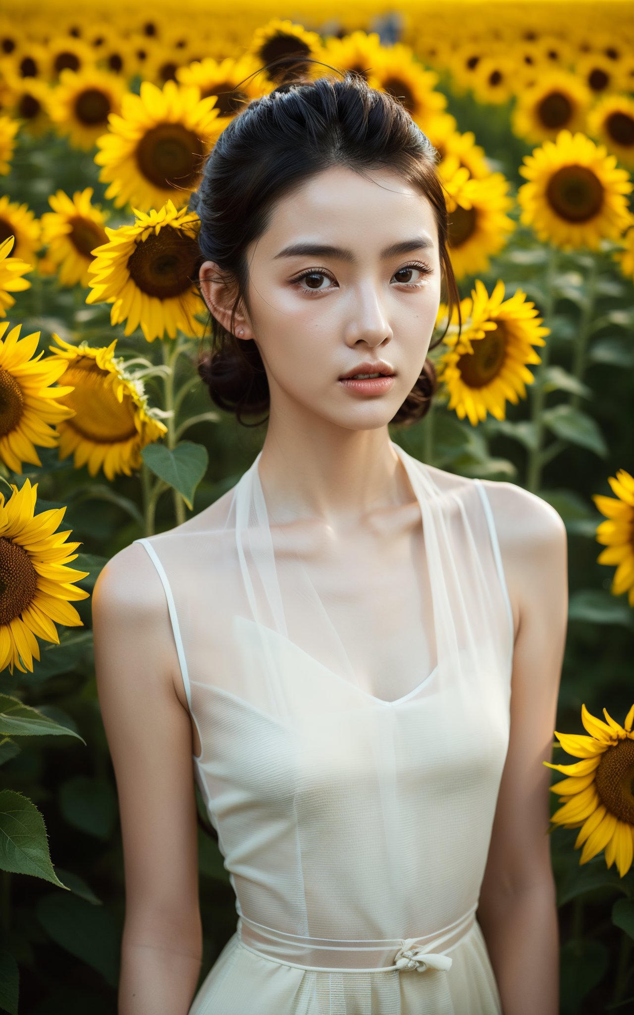 1girl,(art by Van Gogh:0.8) (art by Alessio Albi:1.3),Outdoor,strong sunlight,close-up,Asian girl,pointed chin,slim,shallow waist,small chest,In the field of sunflowers,Korean idol,korean idol,asian supermodel,audrey hepburn,