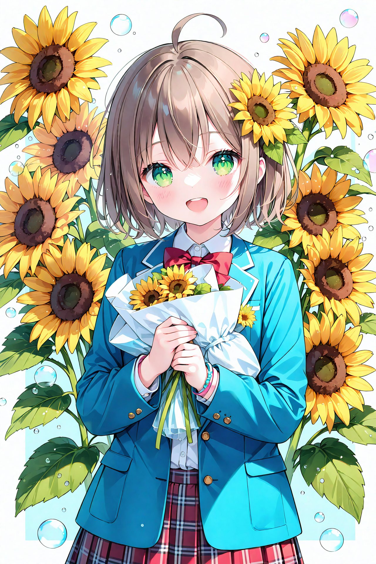 masterpiece,best quality,high quality,(colorful),1girl,loli, flower, sunflower, virtual youtuber, green eyes, solo, hair flower, hair ornament, ahoge, smile, yellow flower, jacket, open mouth, sunflower hair ornament, shirt, bangs, looking at viewer, white shirt, holding, :d, upper teeth only, collared shirt, bow, brown hair, blue jacket, skirt, bubble, long sleeves, teeth, red bow, plaid, plaid skirt, blush, blazer, school uniform, bouquet, upper body, hair between eyes, bracelet, bowtie, pleated skirt, object hug, jewelry, short hair, red bowtie