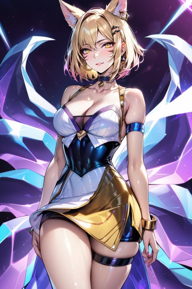 (Masterpiece), mature, HDR,UHD,8K, best quality, Highly detailed, physically-based rendering, extreme detail description, perfect skin, shiny skin, shiny hair,perfect face, 1girl, kda2, blonde hair, yellow eyes, thighighs, facial mark, animal ears, tail, choker, bare shoulders, arm straps, short hair, bracelet, jewelery, choker, multiple tails, idol, cleavage, fox ears, earrings, thighs, magenta tail, golden dress, dress<lora:EMS-335737-EMS:0.600000>, <lora:EMS-388761-EMS:0.100000>, <lora:EMS-408948-EMS:0.800000>